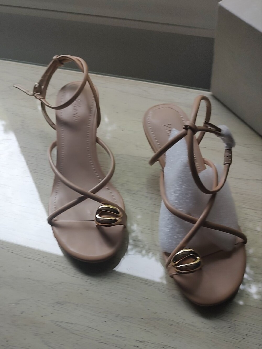 Strappy Nude Ankle-Wrap Sandals with Gold Accent
